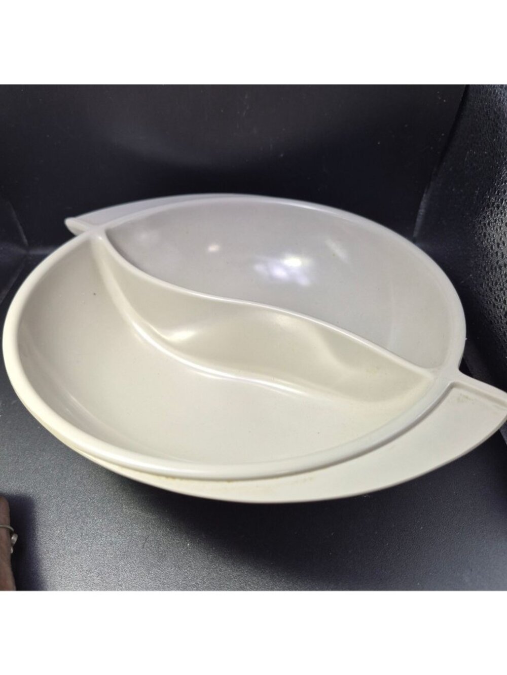 Vintage Boontonware Divided Melamine Serving Bowl Beige 10-Inch Diameter MCM